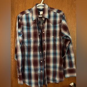 Wrangler Men's Pearl Snap- Burgundy, blue & white